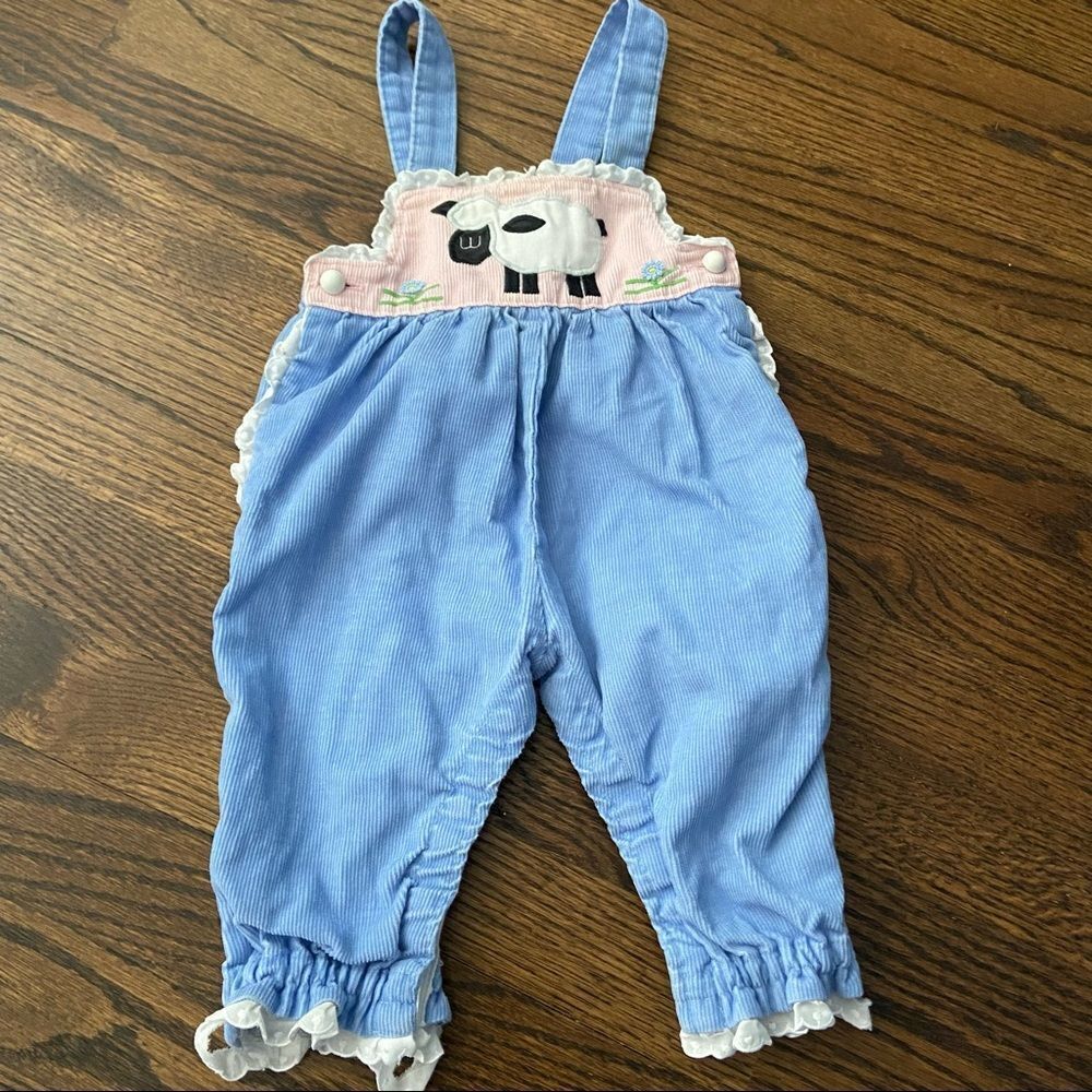 Vintage Ellen Miklas Cottagecore Corduroy Sheep Ruffle Overall Romper - 6 months